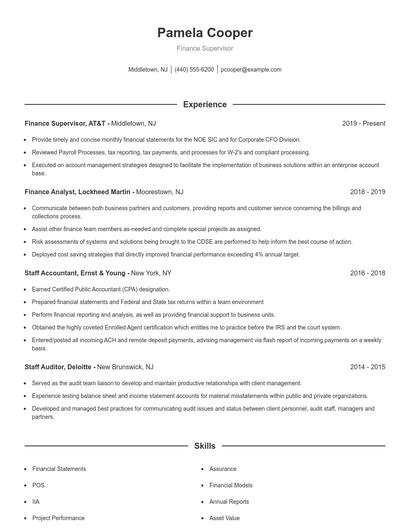 Finance Supervisor Resume