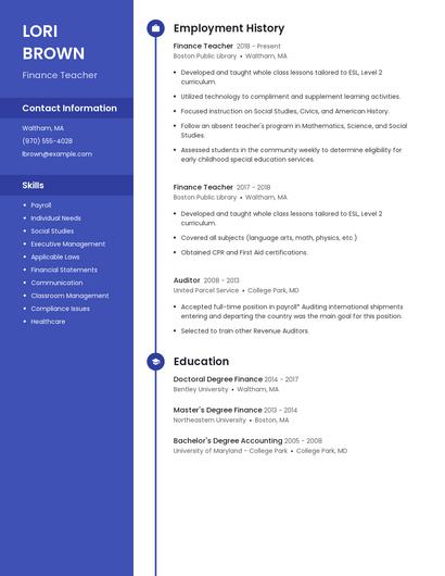 Finance Teacher Resume