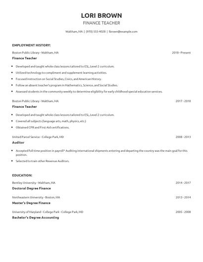 Finance Teacher Resume