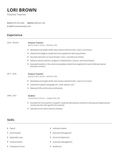 Finance Teacher Resume
