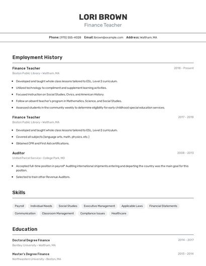Finance Teacher Resume