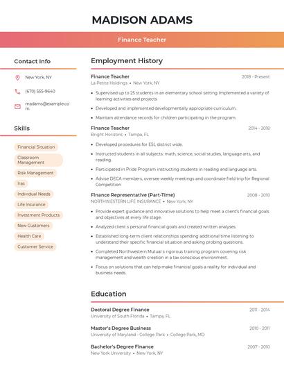 Finance Teacher Resume