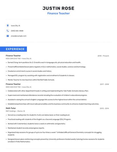 Finance Teacher Resume