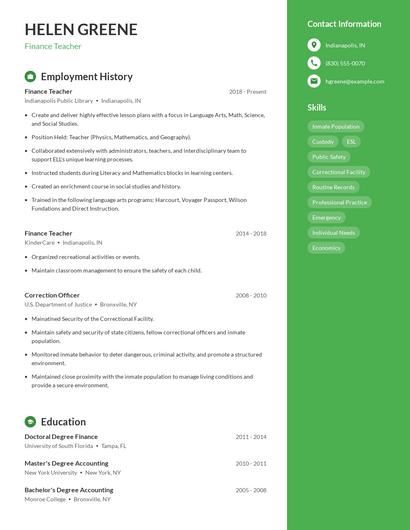 Finance Teacher Resume