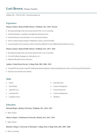 Finance Teacher Resume