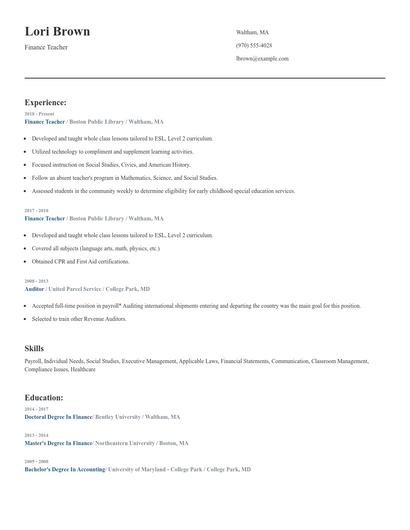 Finance Teacher Resume