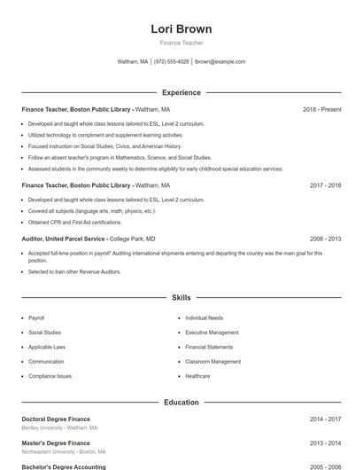 Finance Teacher Resume