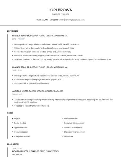 Finance Teacher Resume