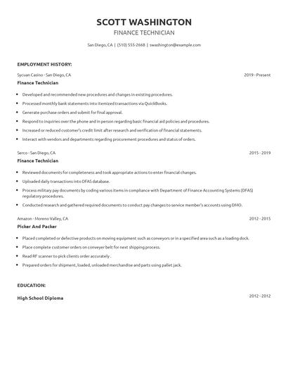 Finance Technician Resume