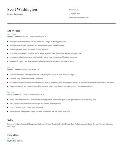 Finance Technician Resume
