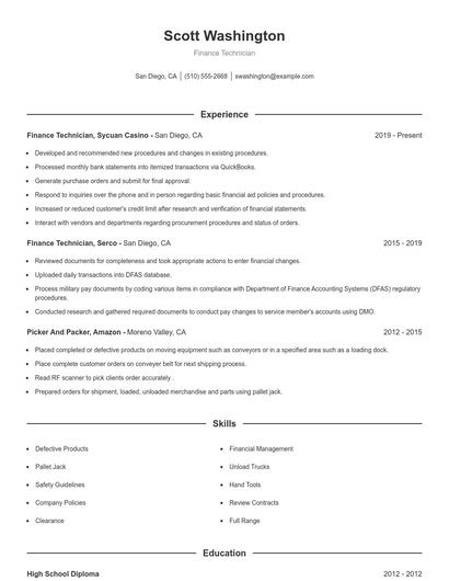 Finance Technician Resume