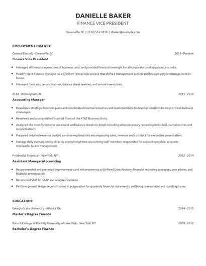 Finance Vice President Resume