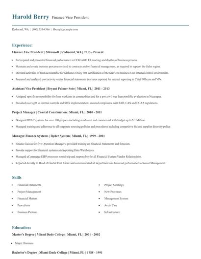 Finance Vice President Resume