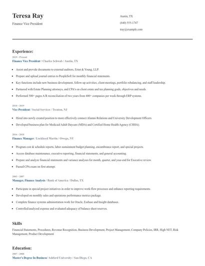 Finance Vice President Resume