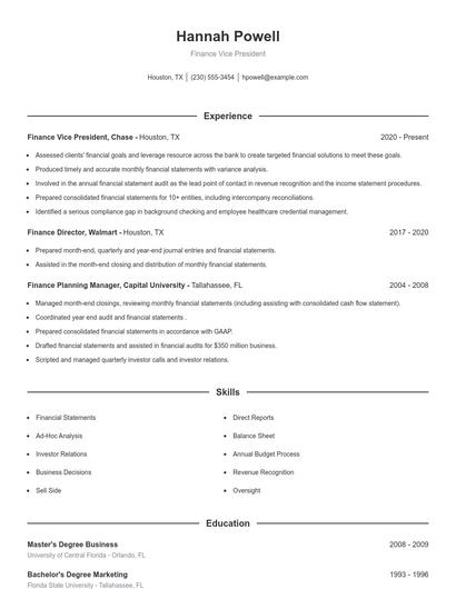 Finance Vice President Resume