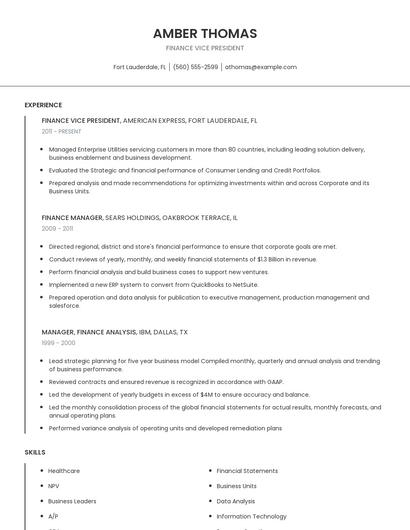 Finance Vice President Resume