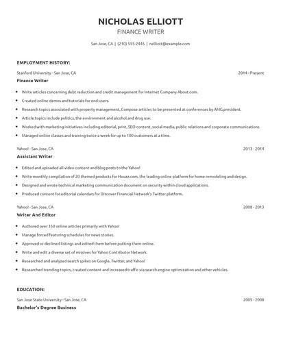 Finance Writer Resume