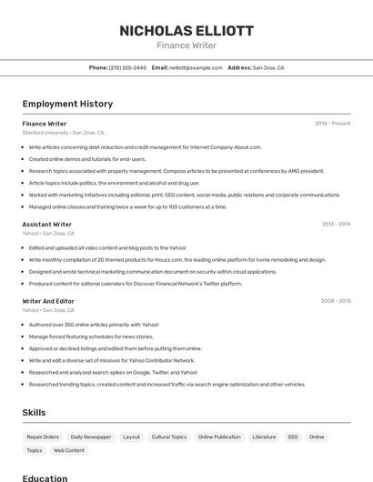 Finance Writer Resume