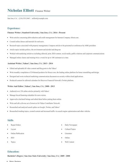Finance Writer Resume