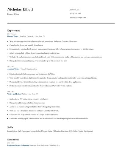 Finance Writer Resume