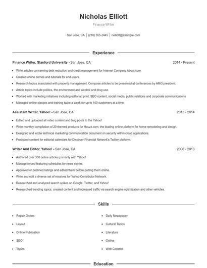 Finance Writer Resume
