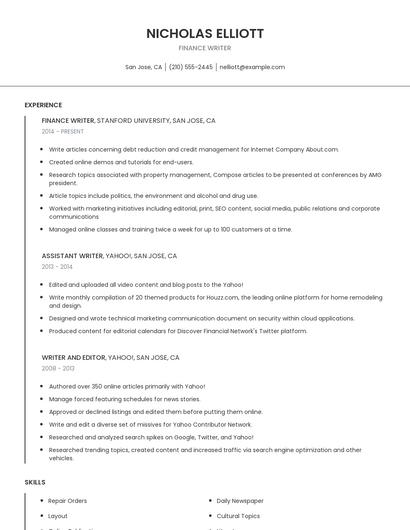 Finance Writer Resume