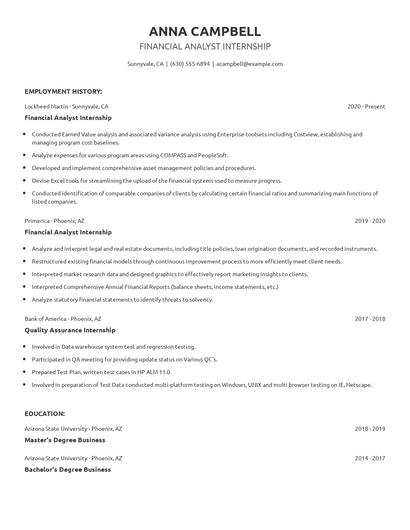 Financial Analyst Internship Resume