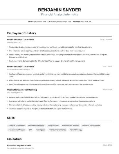 Financial Analyst Internship Resume