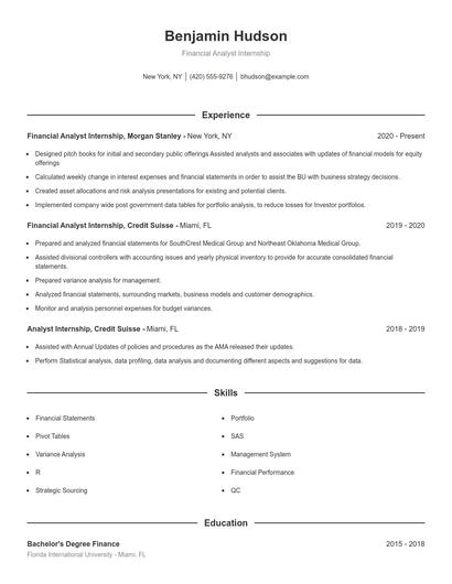 Financial Analyst Internship Resume