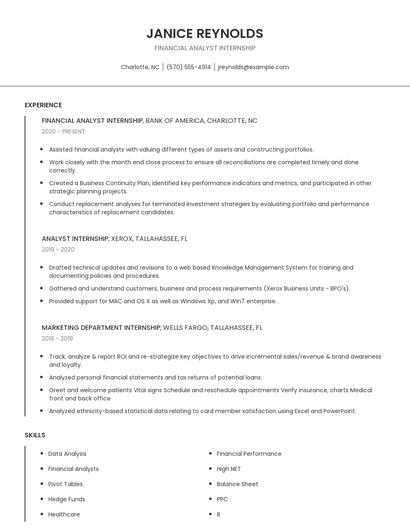 Financial Analyst Internship Resume