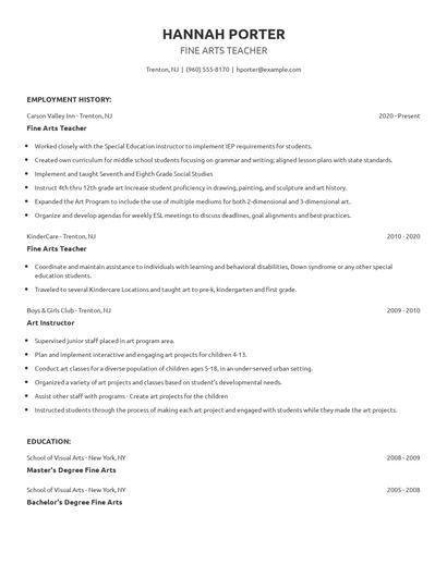 Fine Arts Teacher Resume