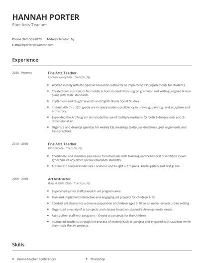Fine Arts Teacher Resume