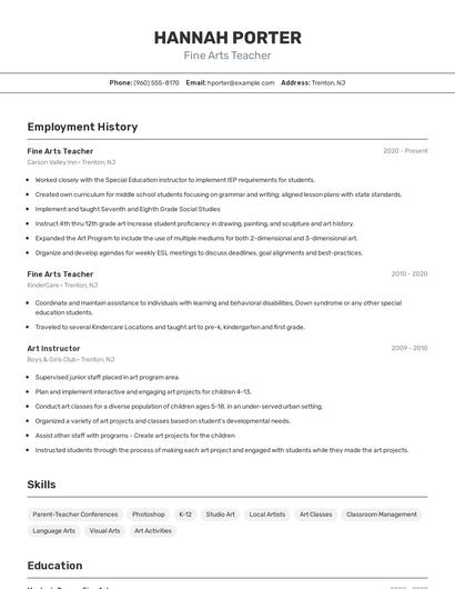 Fine Arts Teacher Resume