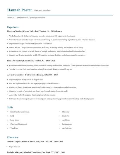 Fine Arts Teacher Resume