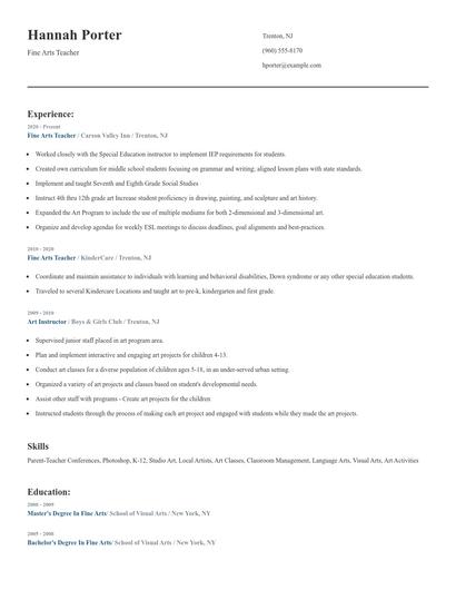 Fine Arts Teacher Resume