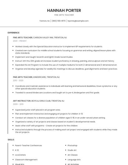 Fine Arts Teacher Resume