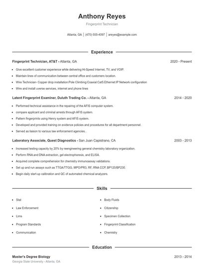Fingerprint Technician Resume