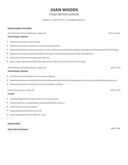 Finish Repair Worker Resume