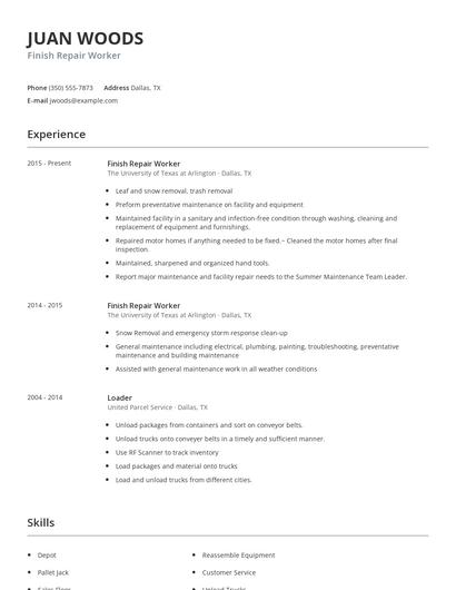 Finish Repair Worker Resume