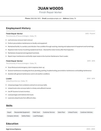 Finish Repair Worker Resume