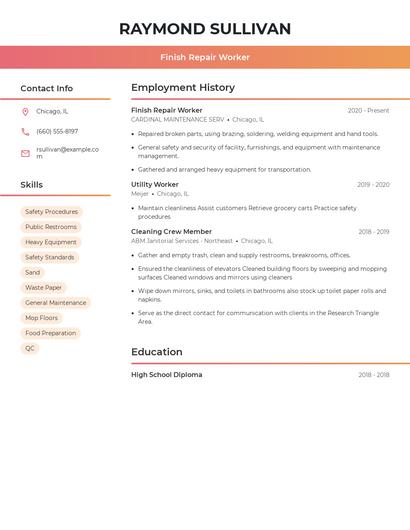 Finish Repair Worker Resume