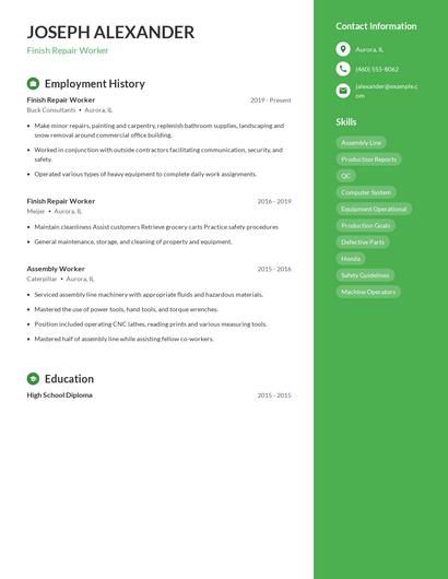 Finish Repair Worker Resume