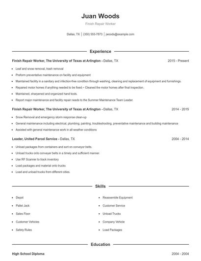 Finish Repair Worker Resume