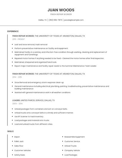 Finish Repair Worker Resume