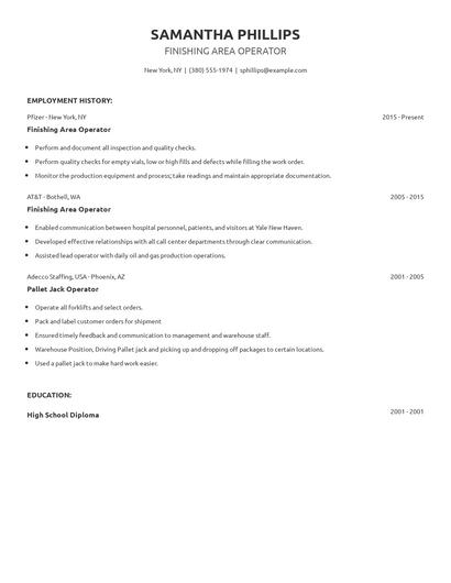 Finishing Area Operator Resume