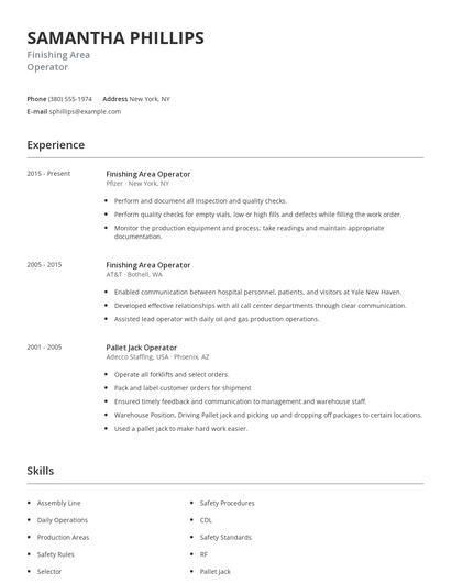 Finishing Area Operator Resume