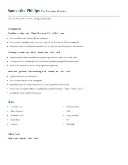 Finishing Area Operator Resume