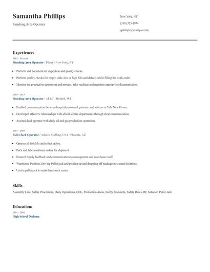 Finishing Area Operator Resume