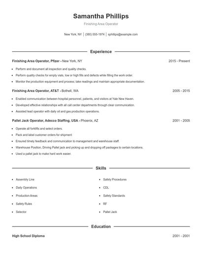 Finishing Area Operator Resume
