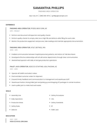 Finishing Area Operator Resume